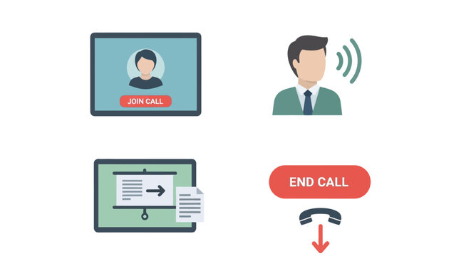 Video conferencing interface elements showing a person joining a call, a speaker icon, document sharing, and an end call button, isolated white background.
