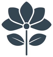 Obraz premium Stylized dark blue flower icon with leaves, simple illustration