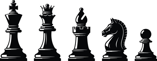 Five black chess pieces including king queen rook knight and pawn on white background © Hey Tahera