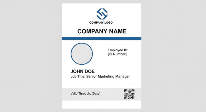 Professional corporate identification card layout with placeholders for photo name job title and QR code