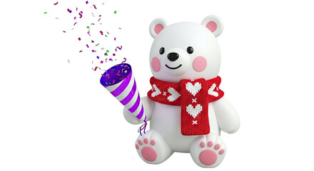 Cute Polar Bear with Confetti Popper and Heart Scarf