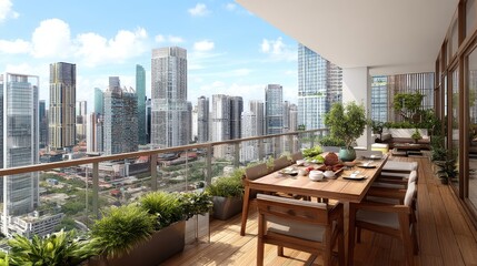 Fototapeta premium Modern Urban Balcony with Dining Set Overlooking City Skyline, Bright Daylight and Greenery for Contemporary Living Space Aesthetic