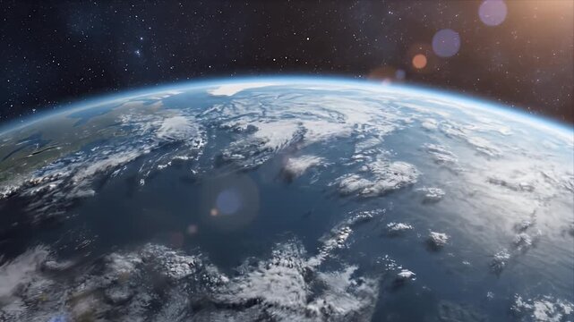 Cinematic View of Earth From Space With Ocean Clouds and Stars Glowing Lens Flares Sunlight Creates Dramatic Lighting During Global Awareness Campaign