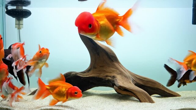School of Goldfish Swimming Gracefully in a Clean Aquarium With Driftwood