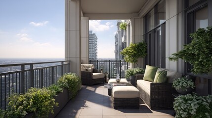 Fototapeta premium Modern Balcony with Inviting Furniture and Lush Greenery Overlooking City Skyline during Daytime
