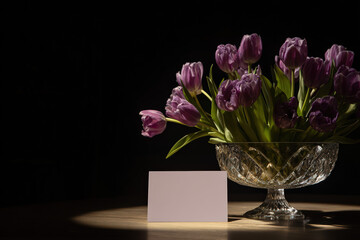 Fototapeta premium Elegant Purple Tulips in Crystal Vase on Dark Background, Moody Floral Still Life with Blank Greeting Card Mockup for Anniversary or Romantic Message, Dramatic Lighting and Luxury Aesthetic