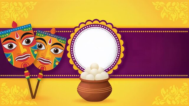 Bengali new year celebration banner with traditional masks on yellow background