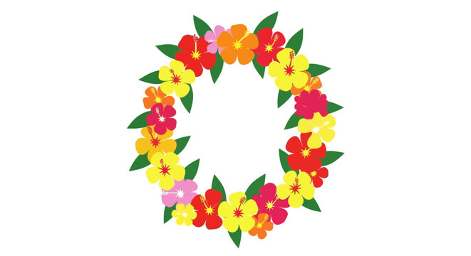 Colorful flower circle with green leaves.