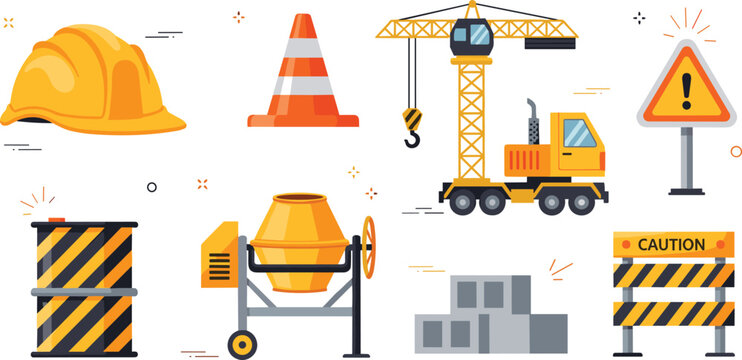 Construction site equipment and safety elements set with crane helmet cement mixer traffic cone caution barrier flat vector illustration