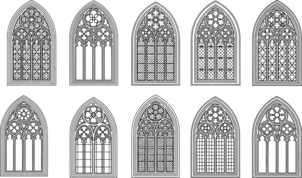 gothic church window set, medieval cathedral stained glass frames, vintage architectural elements, pointed arch tracery design, ornamental line art collection