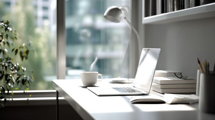 Fototapeta premium Minimal modern desk workspace with notebook and coffee illuminated by soft morning sunlight. Clean lifestyle scene for productivity themes, business content, blogging visuals, corporate presentations