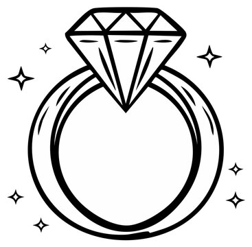Diamond ring illustration with sparkle icons, engagement concept, love
