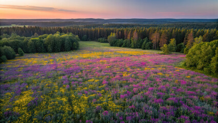 Fototapeta premium Wildflower fields countryside aerial view over colorful meadow at sunset, peaceful nature landscape with forest horizon