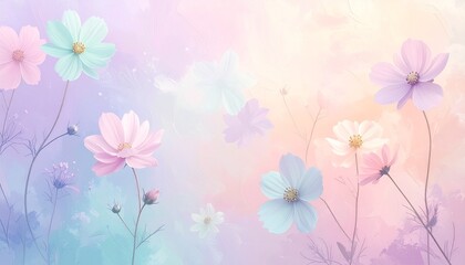 Fototapeta premium Delicate pastel cosmos flowers blooming in a dreamy, soft-focus watercolor landscape with subtle light effects