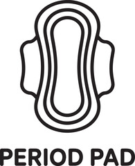 Obraz premium A simple black and white line art illustration of a feminine hygiene pad with wings and the text period pad underneath isolated on transparent background