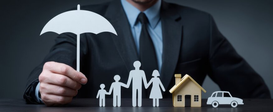 The Family Protected by Insurance Concept with House Car and Umbrella