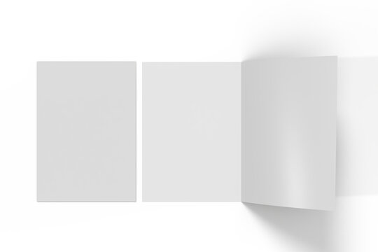 Blank bi-fold brochure mockup with folded paper panels  isolated on background. Clean minimal template ideal for flyer design, marketing brochures, corporate presentations, and print layout previews.