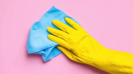 The Yellow Rubber Glove Holding A Blue Microfiber Cloth On Pink Background