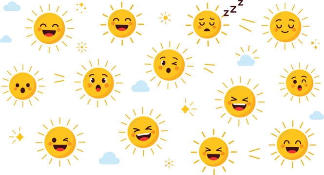 Cute cartoon sun characters collection with different facial expressions smiling laughing sleepy and surprised weather icons flat vector illustration set