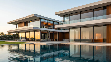 Fototapeta premium Modern Luxury House With Large Swimming Pool And Glass Windows For Real Estate Concepts