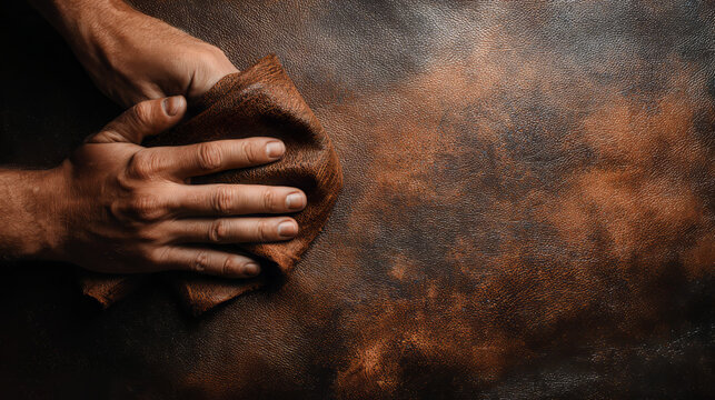 A person's hand wiping a dirty brown surface with a cloth