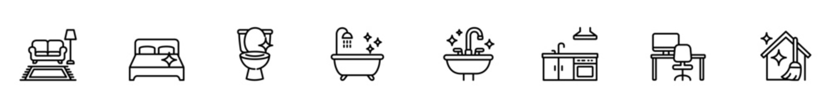 Cozy living room modern bedroom bathroom toilet relaxing bathtub clean sink minimalist kitchen home office desk pet house icon line art interior decoration creates simple home lifestyle scene