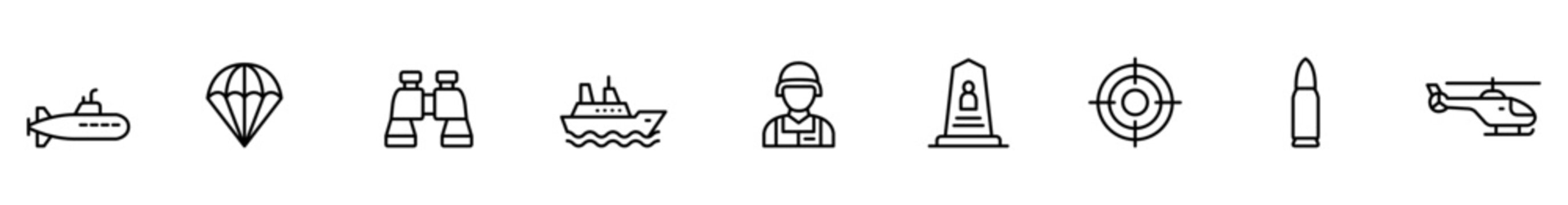 Military icon line art weapon soldier helicopter submarine parachute target bullet vector illustration Military icon set minimalist line art style featuring submarine parachute backpack soldier