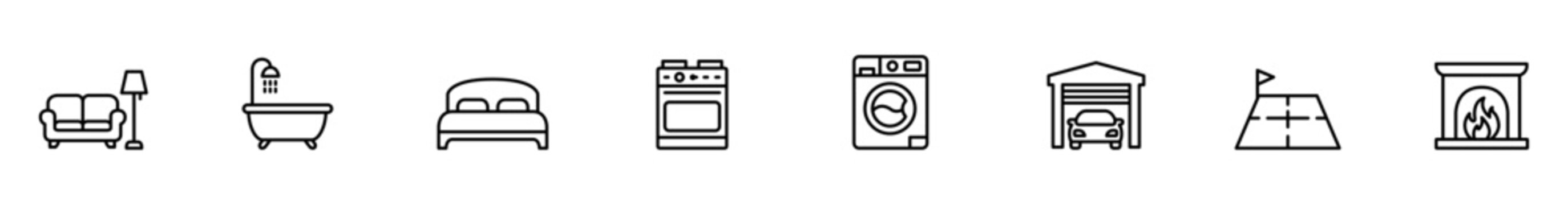 Modern icon home icon furniture icon sofa icon bathtub icon bed icon kitchen icon appliance icon garage icon fireplace icon minimal modern icon row for home furniture icon including sofa icon