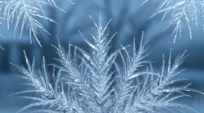 Close-up of intricate ice crystals forming delicate frost patterns on a window, creating a beautiful winter background texture with a cool blue hue