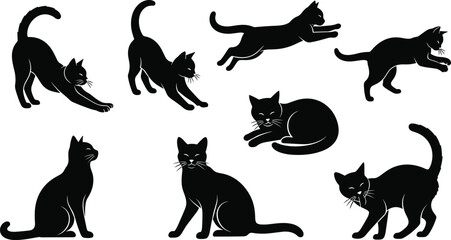 Cat silhouette collection featuring different domestic feline poses including stretching, jumping, sitting, walking and playing isolated black vector pet animal illustration set © urmilarani