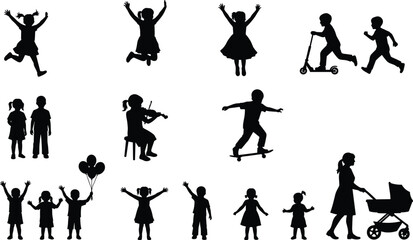 Obraz premium child silhouette, adult silhouette, playing children, jumping kids, scooter rider, skateboarder child, violin player, balloon fun, baby stroller, family activity, outdoor play, everyday life.