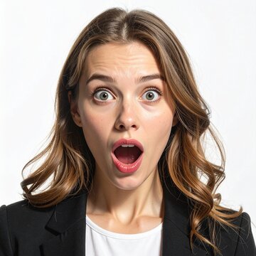 Shocked Woman with Mouth Open in Surprise, Wide Eyes, Looking Directly at Camera, Portrait Studio Shot