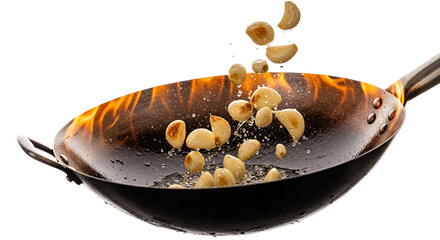 Wok cooking with garlic cloves flying through intense flames and splashing oil creating an energetic culinary moment captured in dynamic motion a