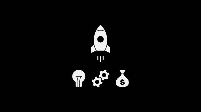 Startup Business Launch concept with Rocket thrust pulse, Ideas, and Fund - minimal motion graphics clip with Alpha channel (Transparent background), foreground color 5% gray and Seamless looping