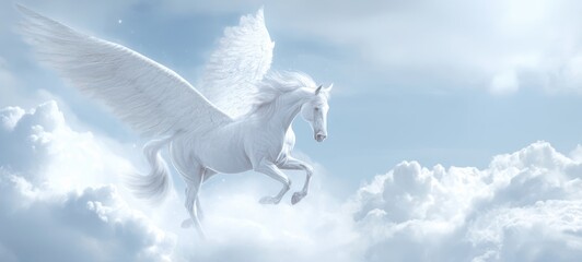 Fototapeta premium The Pegasus Soaring Through Ethereal Clouds in a Serene Dreamlike Morning Sky