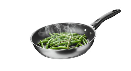 Fresh green beans steaming gently in a sleek metal frying pan, illustrating healthy cooking and vibrant garden produce, perfect for culinary and