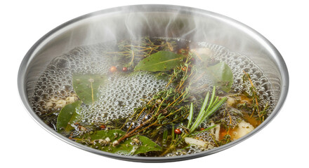 Fresh aromatic herbs and various spices simmer intensely in a shiny metal pot, producing rich fragrant steam for a savory culinary infusion process