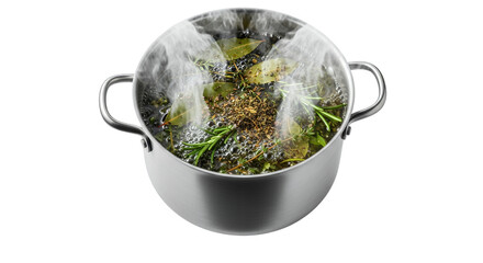 A metal cooking pot steams vigorously, filled with an aromatic blend of bay leaves, fresh rosemary, and diverse spices simmering gently on a crisp