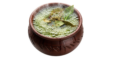 Steaming herbal concoction in rustic earthenware bowl on white studio background.