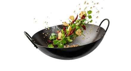 Vibrant herbs spices and garlic cloves burst from a sizzling wok with glistening oil droplets showcasing dynamic cooking motion and fresh ingredient