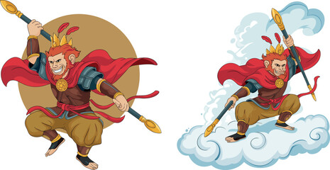 Mythical monkey king warrior illustration set holding golden spear, flying on cloud with red cape, fantasy legend character design isolated on light background © SreemotiArponaBala