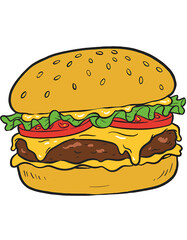 Cheeseburger, burger, fast food, cartoon illustration, vector graphic, icon, drawing, doodle, delicious meal, snack, bun, cheese, patty, lettuce, tomato, menu, lunch
