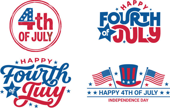 Happy fourth of july patriotic greeting card with american flag and independence day text in various colorful typography