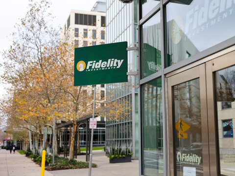 Fidelity Investments office sign in Kendall Square Cambridge Massachusetts