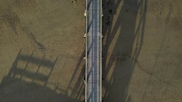 Top-down drone view of a wooden beach boardwalk crossing the tidal sand flats at Luc-sur-Mer on the Normandy coast, France.