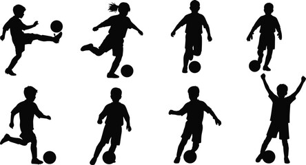 Collection of kids playing soccer silhouettes dribbling, kicking and celebrating with football isolated on white background representing children sport activity and playful movement © uzzala