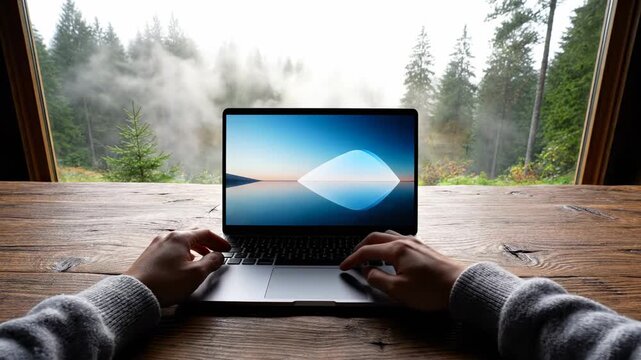 Person working on laptop by window with forest view.