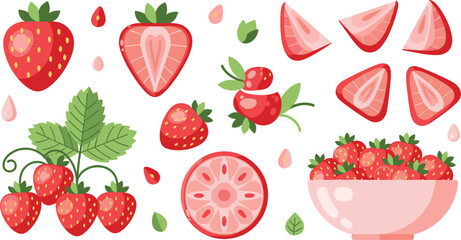 Fresh strawberry fruit collection with whole berries slices halves strawberry plant leaves and bowl of strawberries flat vector illustration © MstBabli