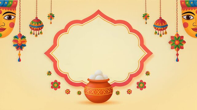 Bengali new year festive background with masks and traditional floral frame