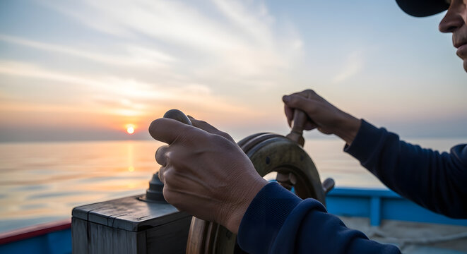 A close up of a sailor hands on a wooden steering wheel navigating a boat during a calm sunset over the ocean